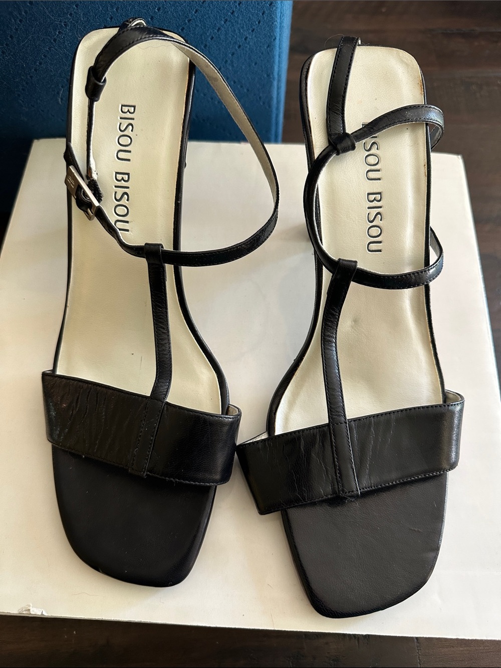 BISOU BISOU Black Strappy Square-Toe Sandals with 4” heels